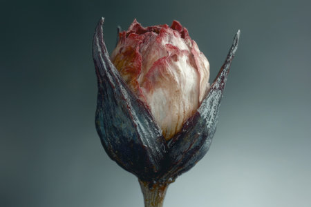 Close-up of a wilting flower bud with dark sepals.の素材