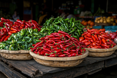 Fresh chili peppers in baskets at a vibrant market.の素材
