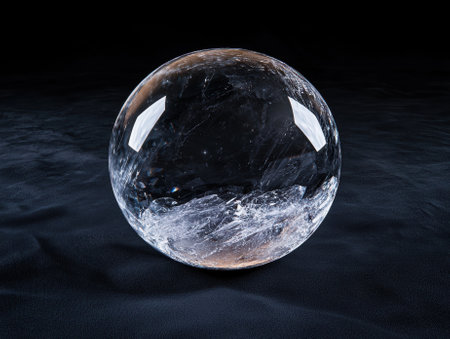 A clear crystal ball on a dark surface.の素材
