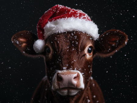 A brown cow wearing a Santa hat in the snow.の素材