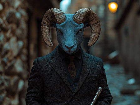 A ram dressed in a suit stands in an alleyway.の素材