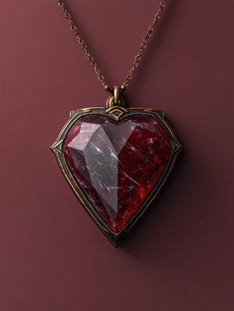 A heart shaped pendant with a red gem on a chain.の素材