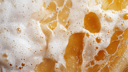 Close up of beer foam and bubbles.の素材
