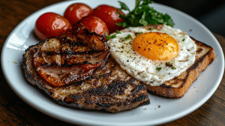 Delicious breakfast with fried egg, toast, and tomatoes.の素材