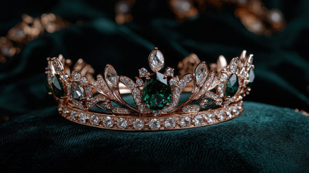 Elegant gold crown with emeralds and diamonds on a dark green velvet cushion.の素材