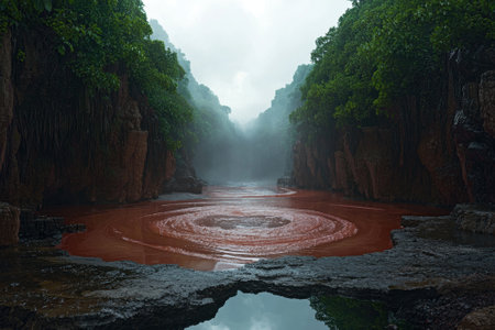 A mysterious red river flows through a lush green canyon.の素材