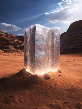 A large ice cube sits in the middle of a desert landscape.の素材