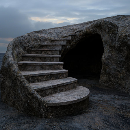 Stone stairs leading to a dark cave entrance.の素材