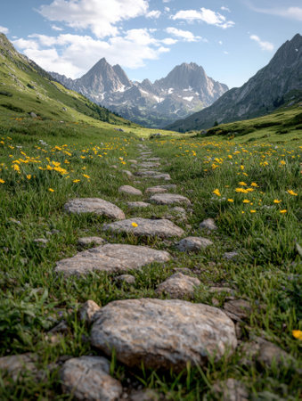 Scenic mountain landscape with a stone path and wildflowers.の素材