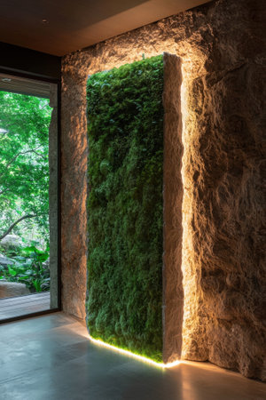 A moss wall illuminated by warm light in a modern interior.の素材
