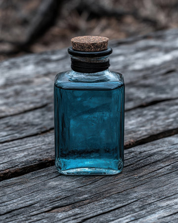 A potion bottle filled with blue liquid sits on a wooden surface.の素材