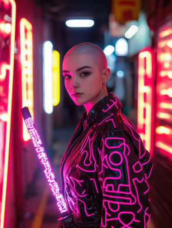 A woman with a shaved head poses with a neon sword in a futuristic alley.の素材