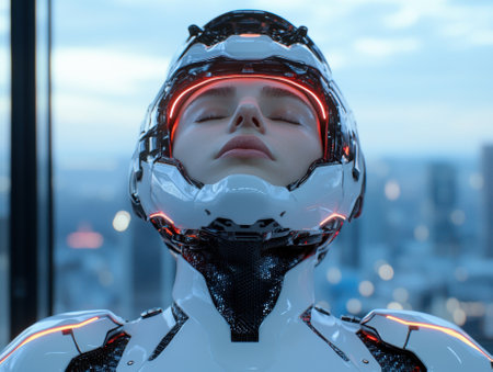 Futuristic cyborg woman with closed eyes in a cityscape.の素材