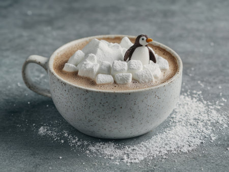 Hot chocolate with marshmallows and a penguin figurine.の素材