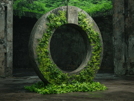 Ancient stone circle overgrown with moss and ferns.の素材