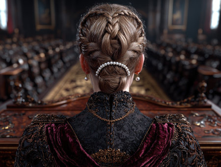 Woman with braided hair and pearl accessories in a formal setting.の素材