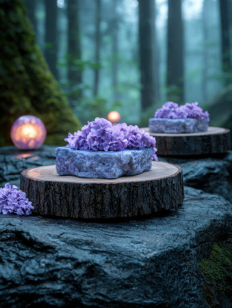 Two cakes decorated with purple flowers on wooden stands in a misty forest.の素材