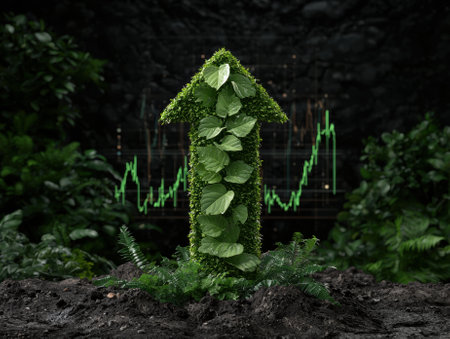 Green arrow pointing upwards, symbolizing growth and sustainability in business and finance.の素材