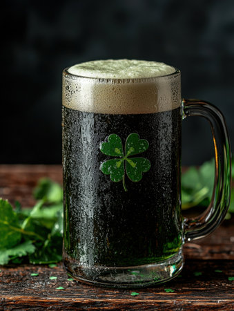 A mug of dark green beer with a shamrock for St. Patrick's Day.の素材
