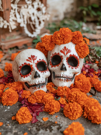 Day of the Dead skulls with marigolds.の素材