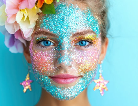 Young woman with bright blue eyes and glittery makeup.の素材