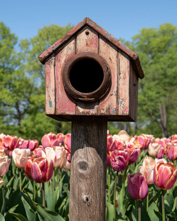 Rustic birdhouse surrounded by colorful tulips in a garden.の素材