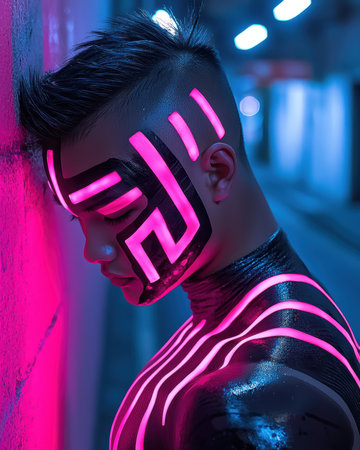 Futuristic man with neon body paint leaning against a wall.の素材