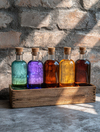 Colorful liquids in glass bottles with cork stoppers in a wooden box.の素材