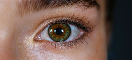 Close-up of a human eye with a hazel iris.の素材