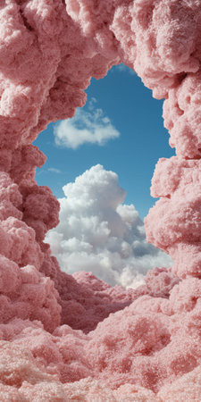 Pink clouds frame a view of white clouds and blue sky.の素材