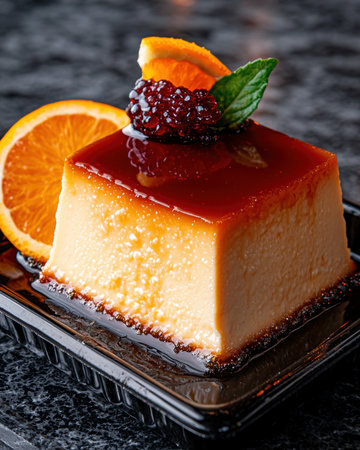 Delicious flan dessert with orange and berries.の素材