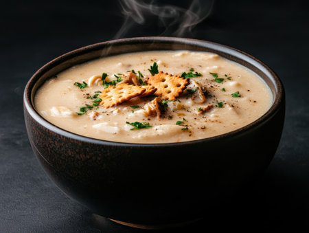 A bowl of creamy soup topped with crackers and parsley.の素材