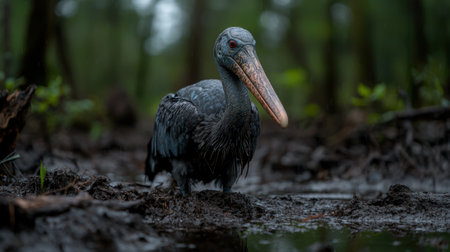 Shoebill stork standing in a muddy environment.の素材