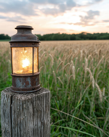 An old lantern sits on a wooden post in a wheat field at sunset.の素材