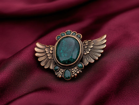 Vintage brooch with a large green stone on a red background.の素材