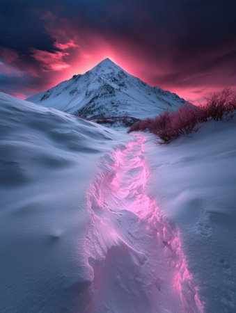 A path through a snowy landscape leads to a majestic mountain peak under a vibrant sky.の素材