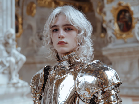 A young person in shining armor stands in a grand hall.の素材