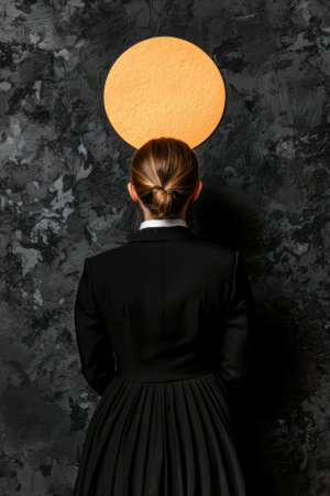Woman in black dress looking at a circle on the wall.の素材