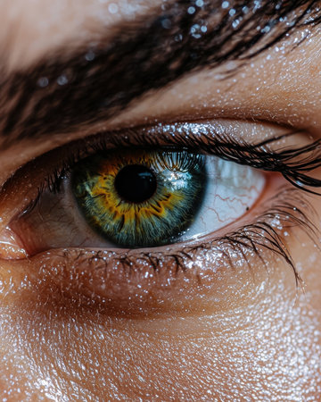 Close-up of a human eye with a striking hazel iris.の素材