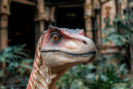 Close-up of a realistic animatronic dinosaur head.の素材