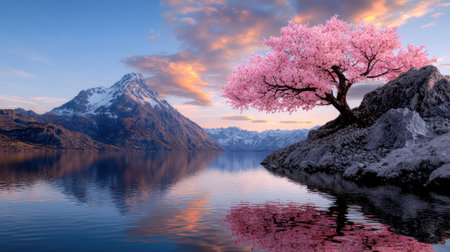 A beautiful cherry blossom tree on a rocky outcrop overlooking a tranquil lake and snow-capped mountains at sunset.の素材