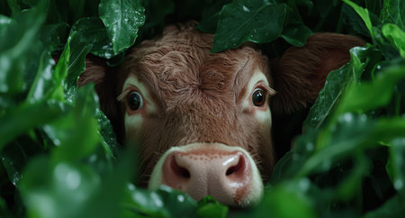 A brown cow hiding among green leaves.の素材