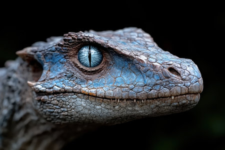 Close-up of a blue dinosaur head with scales and a striking eye.の素材