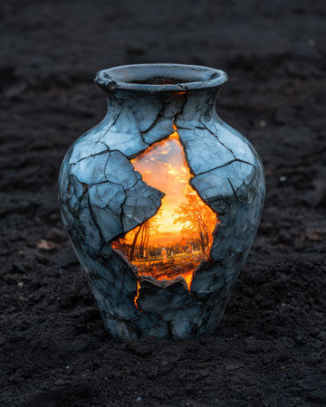 Cracked vase with a sunset landscape inside.の素材