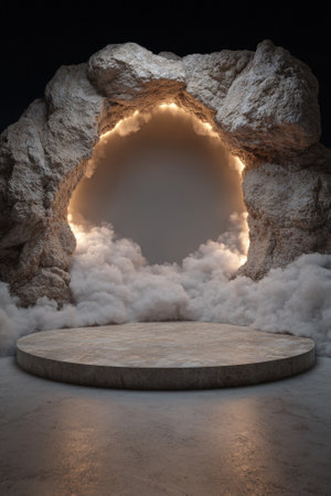 Stone podium with clouds and glowing archway for product display.の素材