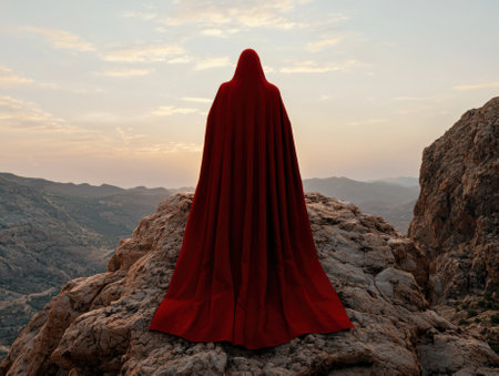 Figure in red cloak standing on a mountain top at sunset.の素材