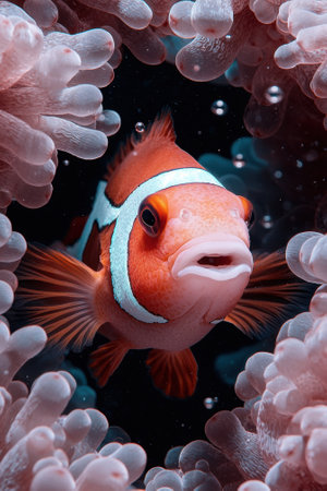 A clownfish surrounded by anemone in the ocean.の素材