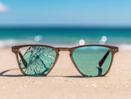Broken sunglasses lying on a sandy beach with the ocean in the background.の素材