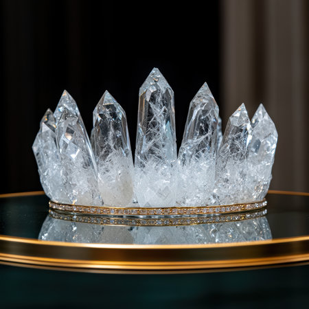 A beautiful crystal crown on a reflective surface.の素材