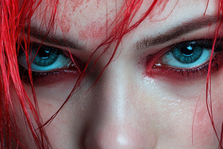 Close up of a woman's face with red hair and blue eyes.の素材
